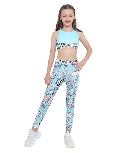 IEFIEL Conjuntos Deportivos para Niña Top Deportivo Estampado Moda+Leggings Largos Ropa Deporte de Correr Yoga Maillot Gimnasia Ritmica Azul 7-8 años