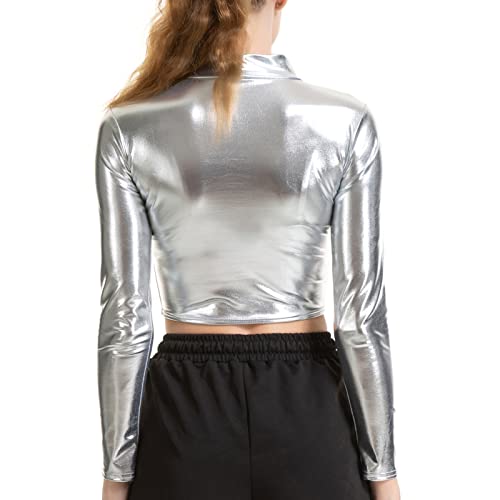 IEFIEL Crop Top Manga Larga de Danza para Mujer Camiseta Brillante de Cuero Elástico Top Metálico Ajustado de Danza Moderna Gimnasia Plateado M