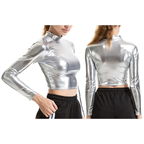 IEFIEL Crop Top Manga Larga de Danza para Mujer Camiseta Brillante de Cuero Elástico Top Metálico Ajustado de Danza Moderna Gimnasia Plateado M
