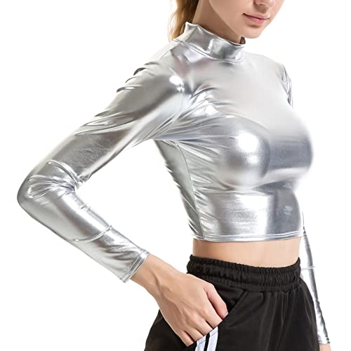 IEFIEL Crop Top Manga Larga de Danza para Mujer Camiseta Brillante de Cuero Elástico Top Metálico Ajustado de Danza Moderna Gimnasia Plateado M