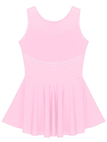 IEFIEL Maillot de Danza Ballet para Niña Vestido Brillante de Gimnasia Ritmica Niña Sin Manga Vestido de Patinaje Artistico Disfraz Bailarina Niña Rosa 9-10 años