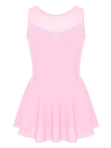 IEFIEL Maillot de Danza Ballet para Niña Vestido Brillante de Gimnasia Ritmica Niña Sin Manga Vestido de Patinaje Artistico Disfraz Bailarina Niña Rosa 9-10 años