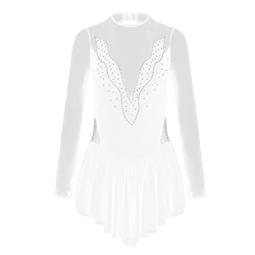 IEFIEL Maillot Manga Larga de Patinaje Artistico para Mujer Maillot Elegante de Gimnasia Ritmica Vestido de Danza Ballet Disfraz Bailarina Mujer C Blanco M