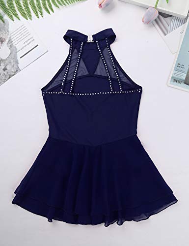 IEFIEL Vestido de Patinaje Artístico sobre Hielo para Niña Vestido de Danza Ballet sin Mangas Maillot Gimnasia Ritmica con Falda Azul Navy 10 años