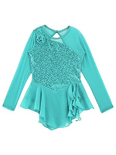 IEFIEL Vestido Lentejuelas de Danza Ballet Niña Maillot Patinaje Artistico Niña Manga Larga Disfraz de Bailarina Niña Vestido Danza Latina Niña W Verde 10 años