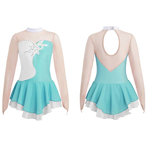 IEFIEL Vestido Manga Larga de Patinaje Artistico para Niña Vestido Lentejuela de Gimnasia Ritmica Vestido Princesa de Danza Ballet Niña 4-14 años V Azul 9-10 años