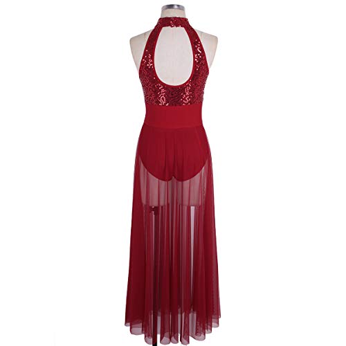 iiniim Vestido Lentejuelas de Danza Baile Mujer Body de Fiesta Actuación Maillot Ballet sin Manga Vestido Largo Leotardo Falda Malla Gimnasia Ritmica Traje de Danza Moderna Elegante Rojo L