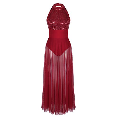 iiniim Vestido Lentejuelas de Danza Baile Mujer Body de Fiesta Actuación Maillot Ballet sin Manga Vestido Largo Leotardo Falda Malla Gimnasia Ritmica Traje de Danza Moderna Elegante Rojo L