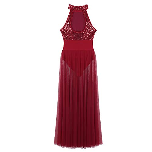 iiniim Vestido Lentejuelas de Danza Baile Mujer Body de Fiesta Actuación Maillot Ballet sin Manga Vestido Largo Leotardo Falda Malla Gimnasia Ritmica Traje de Danza Moderna Elegante Rojo L