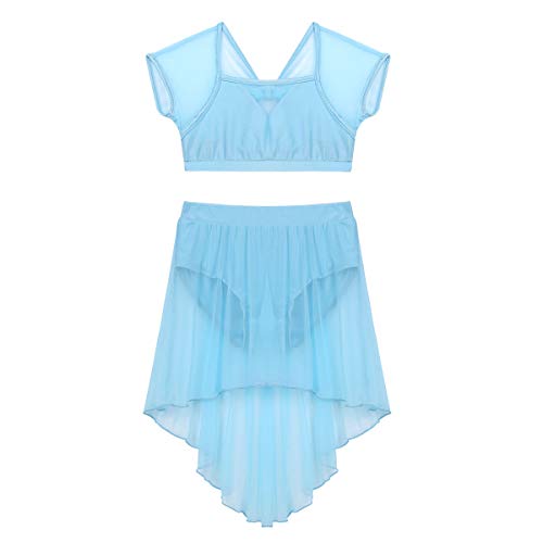 inhzoy Vestido de Danza Lírica para Niña Maillot de Ballet Patinaje Artístico Disfraz de Bailarina Crop Top Manga Corta con Falda Vestido Baile de Salón Cielo Azul 12 años