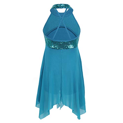 inhzoy Vestido de Danza Moderna Lentejuelas para Niña Cuello Halter Maillot de Ballet Falda Correas Cruzadas Vestido de Danza Lírica Contemporánea Turquesa 8 Años