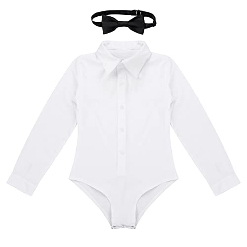 inlzdz Profesional Mailot de Danza Latino para Niños Body Camisa de Algodón Manga Larga Cuello con Corbada Traje Formal para Latin Moderno Baile Fiesta Ceremonia Dancewear Chicos Blanco 12