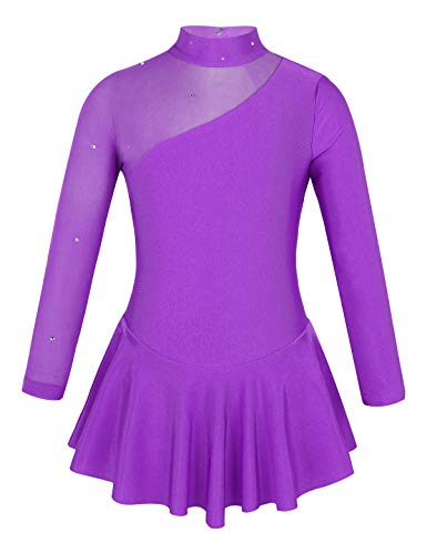 inlzdz Vestido de Patinaje Artistico Niñas Manga Larga Mailot de Ballet Leotardo de Gimnasia Ritmica de Gasa Body de Danza con Falda de Bailarina Dancewear Morado 10 años