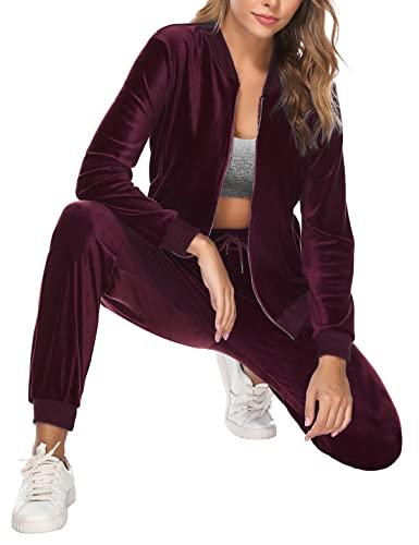 Irevial Pijamas 2 Piezas de Terciopelo Conjunto Chandal Casual Conjunto Deportivos Chaquetas con Cremallera y Pantalones de Terciopelo para Otoño Invierno Jogging Correr Rojo Vino, XL