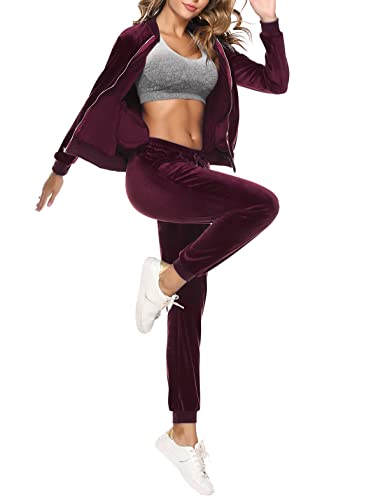 Irevial Pijamas 2 Piezas de Terciopelo Conjunto Chandal Casual Conjunto Deportivos Chaquetas con Cremallera y Pantalones de Terciopelo para Otoño Invierno Jogging Correr Rojo Vino, XL