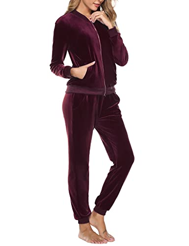 Irevial Pijamas 2 Piezas de Terciopelo Conjunto Chandal Casual Conjunto Deportivos Chaquetas con Cremallera y Pantalones de Terciopelo para Otoño Invierno Jogging Correr Rojo Vino, XL