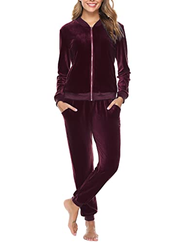 Irevial Pijamas 2 Piezas de Terciopelo Conjunto Chandal Casual Conjunto Deportivos Chaquetas con Cremallera y Pantalones de Terciopelo para Otoño Invierno Jogging Correr Rojo Vino, XL