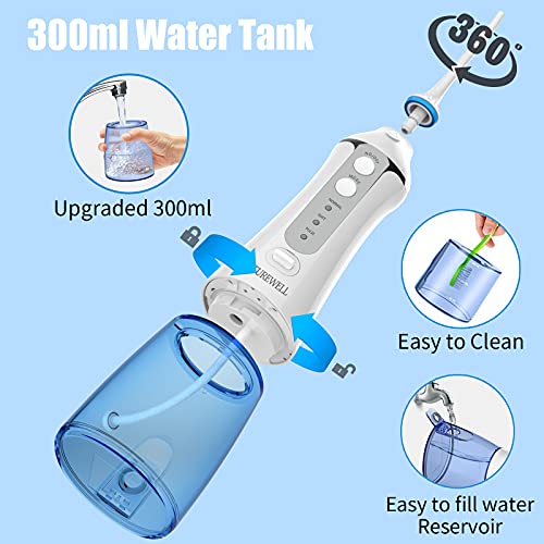 Irrigador Dental Profesional, 300ml Irrigador Bucal Portátil USB Recargable Impermeable IPX7 y 3 Modos con 4 Boquillas Multifuncionales para Familia y Viajar