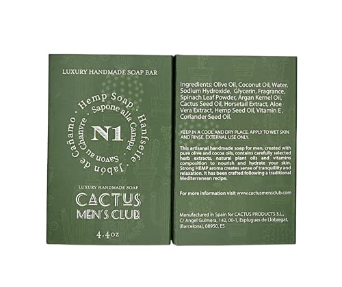 Jabón de Cáñamo,125 gr, Jabón Natural Hidratante con Aceites de Cáñamo y Cilantro, polvo de Espinaca y Extracto de Aloe Vera, Jabón Artesanal para Hombres, Vegano, Sin aceite de Palma,Sin Plástico
