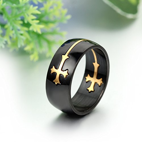 JewelryWe 2016 Anillos Hombre Negro Dorado, 8mm Acero Inoxidable, Doble Cruz Desmontable Anillos Religiosos Original Único, Talla 22