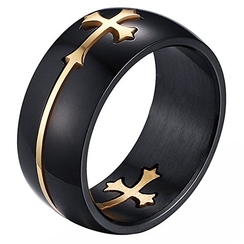 JewelryWe 2016 Anillos Hombre Negro Dorado, 8mm Acero Inoxidable, Doble Cruz Desmontable Anillos Religiosos Original Único, Talla 22