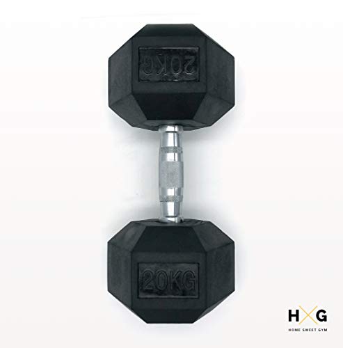 JOWY Mancuerna Hexagonal ergonómica de 20kg con empuñadura de Cromo y Revestimiento de Caucho Que Evita daños en el Suelo. Tu casa es tu Gimnasio. 1 Unidad.