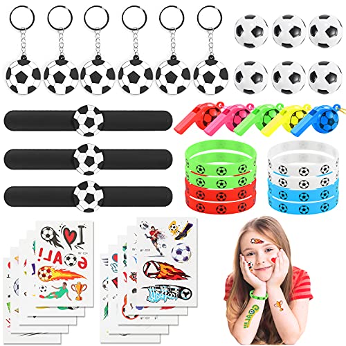 JOYUE 38PCS Fútbol Regalo de Fiesta, Estirar el Fútbol Pulsera de Silicona Llavero Silbato Tatuajes Temporale Pulseras Bofetadas Relleno de Piñata, Niños Regalo de Cumpleaños