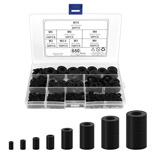 Jubaopen 650PCS Arandelas Sellado Arandela Plana Arandela Plástico Redonda Arandela Plana de Plástico Arandela Nylon Arandela Plana Junta para Maquinaria Automóviles M2 M2.5 M3 M4 M5 M6 M8 M10 (Negro)