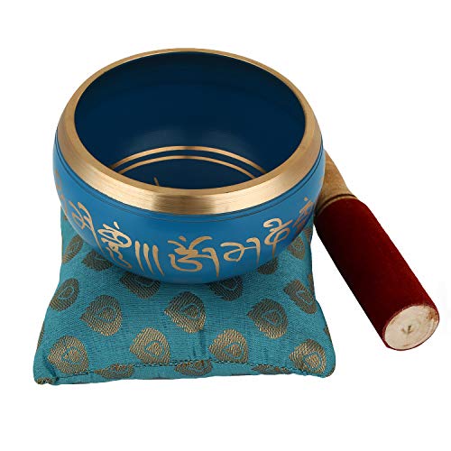 Juego de cuenco de meditación tibetana Om Mani, cojín y mazo de Zap Impex®, azul, 10,2 cm