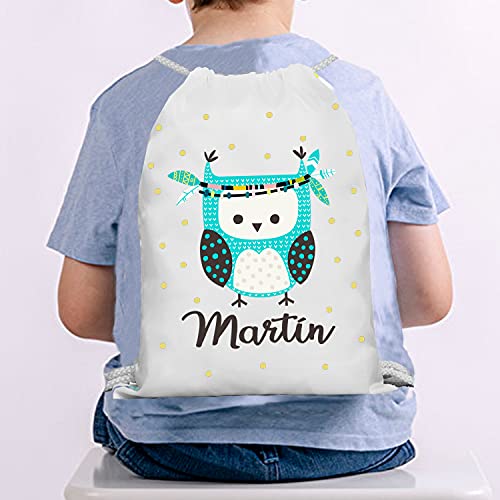 Kembilove Mochila Personalizada con Nombre Infantil – Mochilas Saco Personalizadas con el Nombre del Niño o Niña – Mochila Cuerdas Vuelta al Cole de Buho – Regalo Original Infantil