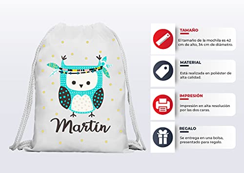 Kembilove Mochila Personalizada con Nombre Infantil – Mochilas Saco Personalizadas con el Nombre del Niño o Niña – Mochila Cuerdas Vuelta al Cole de Buho – Regalo Original Infantil