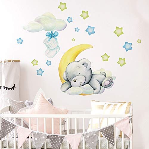 kina R00574 Pegatina Pared Suave Efecto Tejido Reposicionable Oso en la Luna Decoración Pared Niño Bebé Habitación Infantil Papel Pintado Adhesivo