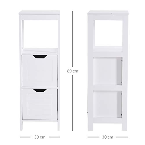 kleankin Armario de Baño Gabinete Multifuncional con Estante Abierto 2 Cajones de Almacenaje Diseño Antivuelco 30x30x89 cm Blanco