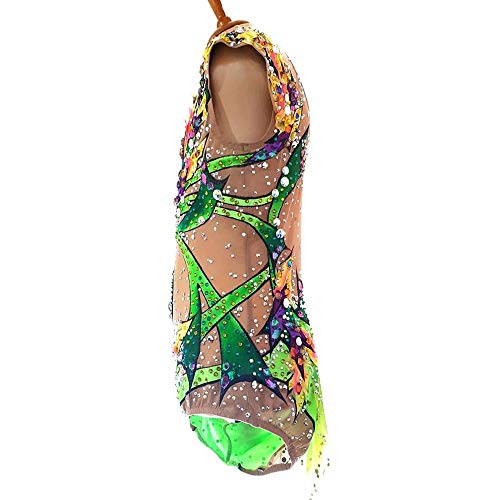 Kmgjc Leotardo de Gimnasia rítmica Vestido de Patinaje artístico Femenino para niñas Traje de Competencia de competición Spandex Rhinestone Patinaje Hecho a Mano Ropa sin Mangas,Verde,XL