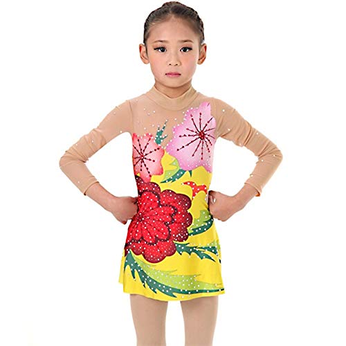 Kmgjc Los Leotardos Gimnasia rítmica artístico del Ballet Danza Kid Formación de Competencia Maillots Manga Gimnasia Femenina de Las niñas Leotardo Amarillo de Hecha a Mano Larga,Amarillo,Child14
