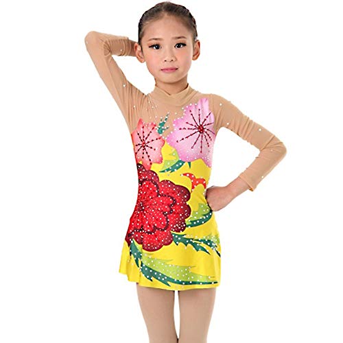 Kmgjc Los Leotardos Gimnasia rítmica artístico del Ballet Danza Kid Formación de Competencia Maillots Manga Gimnasia Femenina de Las niñas Leotardo Amarillo de Hecha a Mano Larga,Amarillo,Child14