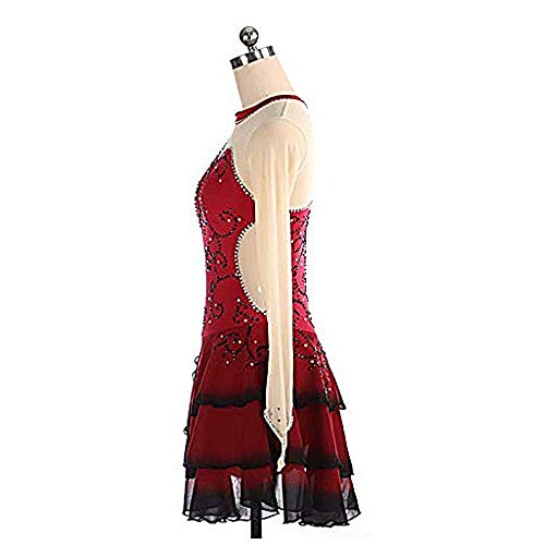 Kmgjc Vestido Patinaje ArtíStico，Femenino Hecho A Mano De Vino Tinto Vino Artístico Competencia De Patinaje Artístico Disfraz De Cristal De Tres Capas De Manga Larga Medias (Color : Winred, Size : L)