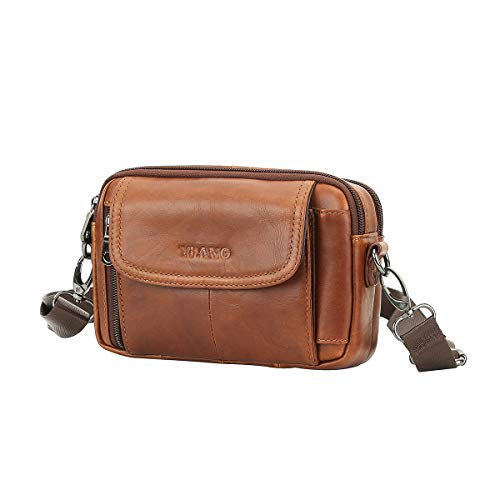 Leathario Bolso Cinturón de Cuero Riñonera para Hombre-Pequeña Bolsa de Bandolera-Funda para 4~6 Pulgada Phone (Marrón Amarillo)