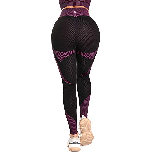 Leoyee Leggings de gimnasio sin costuras Power Stretch pantalones de yoga de cintura alta para mujeres corriendo entrenamiento mallas polainas, Negro Fucsia, L