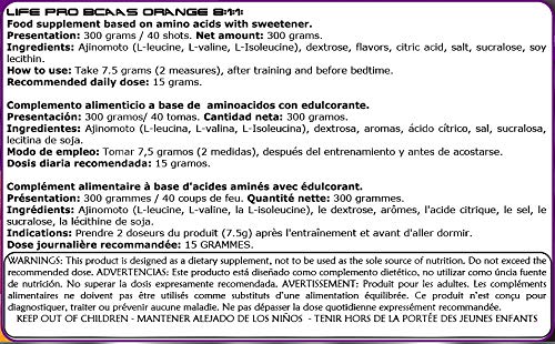 Life Pro BCAA Pro 8:1:1 Ajinomoto 300 gramos | Suplemento con Aminoácidos de Cadena Ramificada, Leucina, Valina e Isoleucina, Sabor Naranja