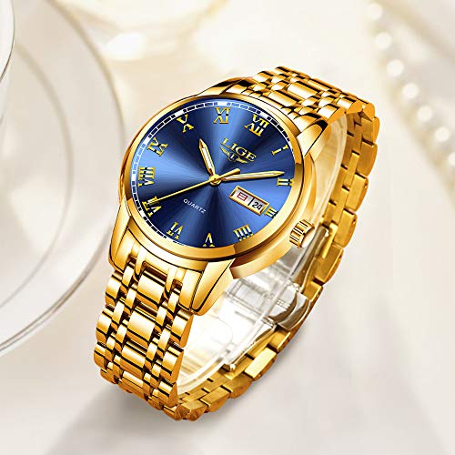 LIGE Relojes para Hombre Cronógrafo Impermeable Dorado Acero Inoxidable Reloj de Pulsera Vestir Negocio Analógicos Relojes
