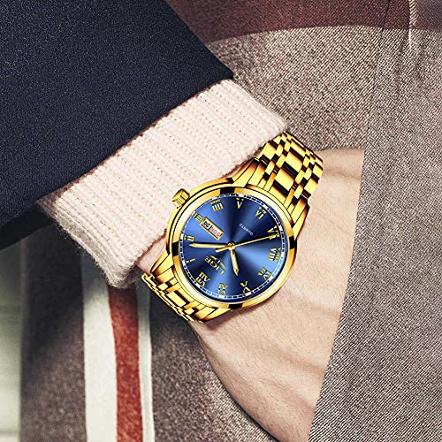 LIGE Relojes para Hombre Cronógrafo Impermeable Dorado Acero Inoxidable Reloj de Pulsera Vestir Negocio Analógicos Relojes