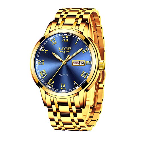 LIGE Relojes para Hombre Cronógrafo Impermeable Dorado Acero Inoxidable Reloj de Pulsera Vestir Negocio Analógicos Relojes