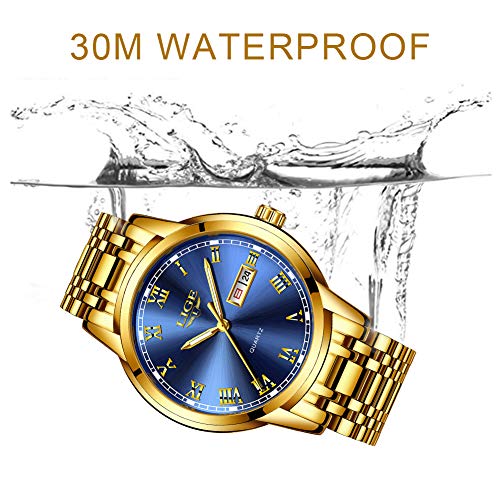 LIGE Relojes para Hombre Cronógrafo Impermeable Dorado Acero Inoxidable Reloj de Pulsera Vestir Negocio Analógicos Relojes