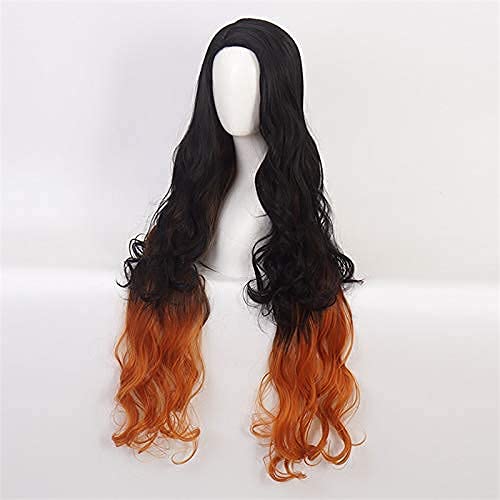 Linna Demon Slayer Kamado Nezuko Cosplay peluca Anime largo rizado negro degradado naranja pelo de mujer disfraces de fiesta de Halloween peluca + gorra de peluca gratis