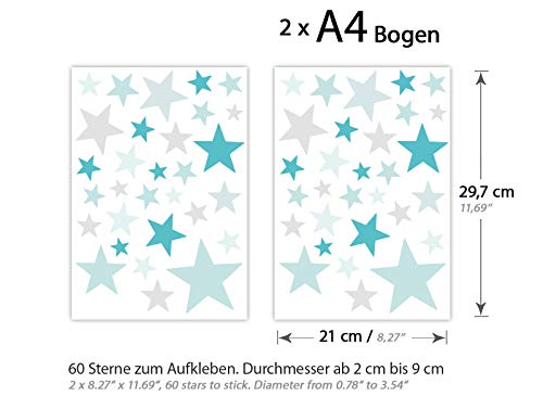 Little Deco DL398 - Adhesivo decorativo para pared, diseño de estrellas, 60 estrellas, color turquesa, menta y gris claro