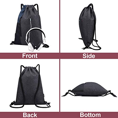 LIVACASA Mochilas de Cuerdas Mujer Hombre Toma USB para Auriculares con Bolsillos Mallas para Botellas Tela Oxford Bolsa de Cuerdas Mochilas Impermeables Yoga Gimnasio Deportes Azul Oscuro 43 * 33cm