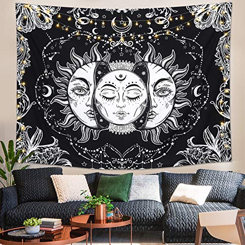 LOMOHOO Tapiz Tarot Sol y Luna Tapiz Psicodélico Colgante de Pared Celeste Tapices de Pared Indio Mandala Bohemio (A--Sun and moon, L/148cmx200cm)