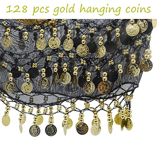 LZYMSZ Bufandas de Cadera para Danza del Vientre, Faldas con Forma de Onda para niñas/Mujeres, Envueltas con Monedas de Oro 128, Cinturón de Disfraces de Cintura con Brazaletes Pulseras (Black)