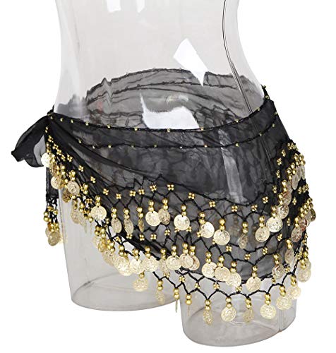 LZYMSZ Bufandas de Cadera para Danza del Vientre, Faldas con Forma de Onda para niñas/Mujeres, Envueltas con Monedas de Oro 128, Cinturón de Disfraces de Cintura con Brazaletes Pulseras (Black)